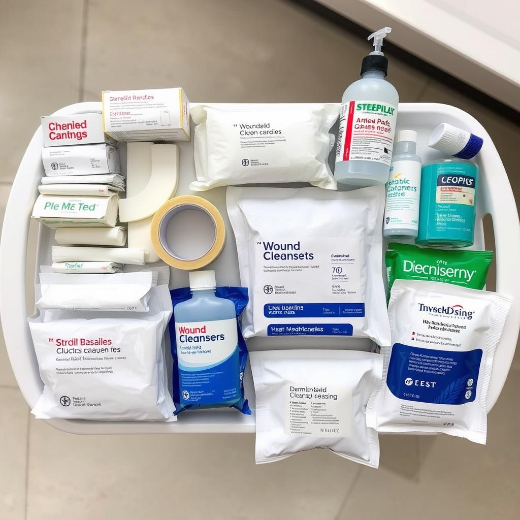 Assortment of wound care supplies including bandages, gauze, and antiseptic solutions