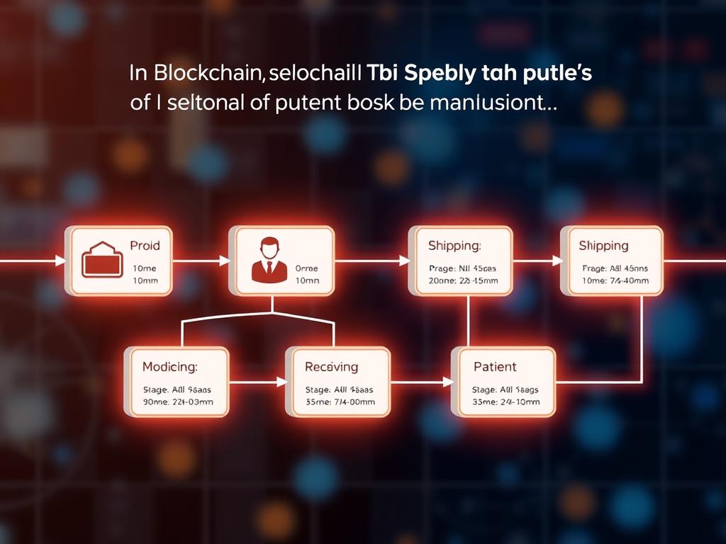 Blockchain technology applied to medical supply chain showing transparent tracking from manufacturer to patient