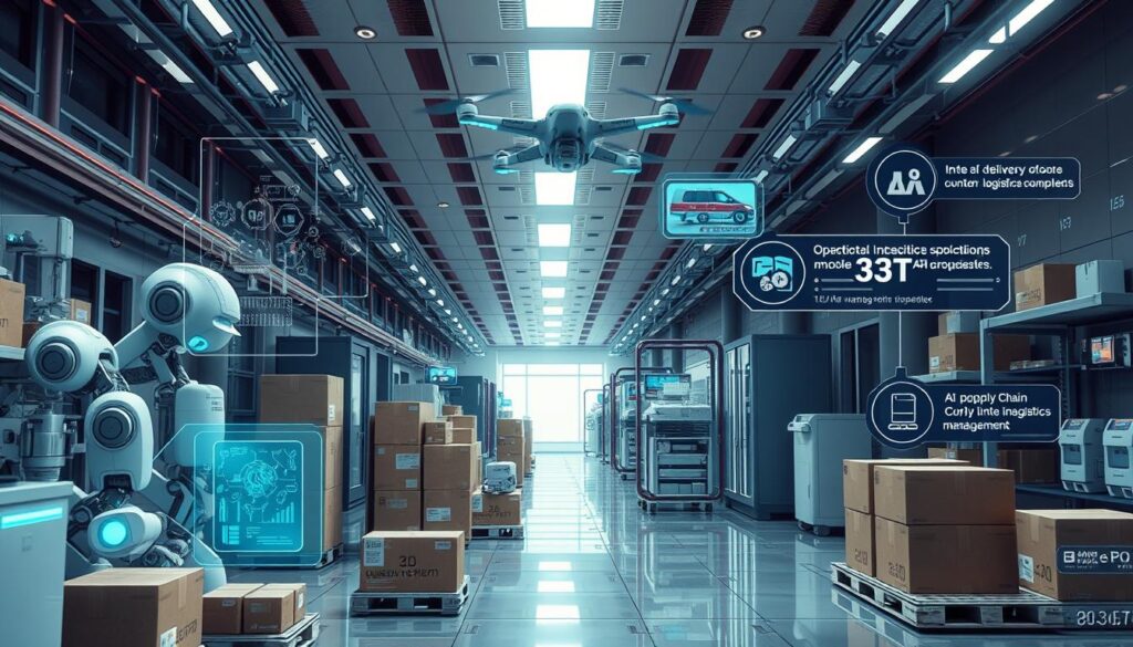 Futuristic medical supply logistics showing automation, robotics, and digital integration