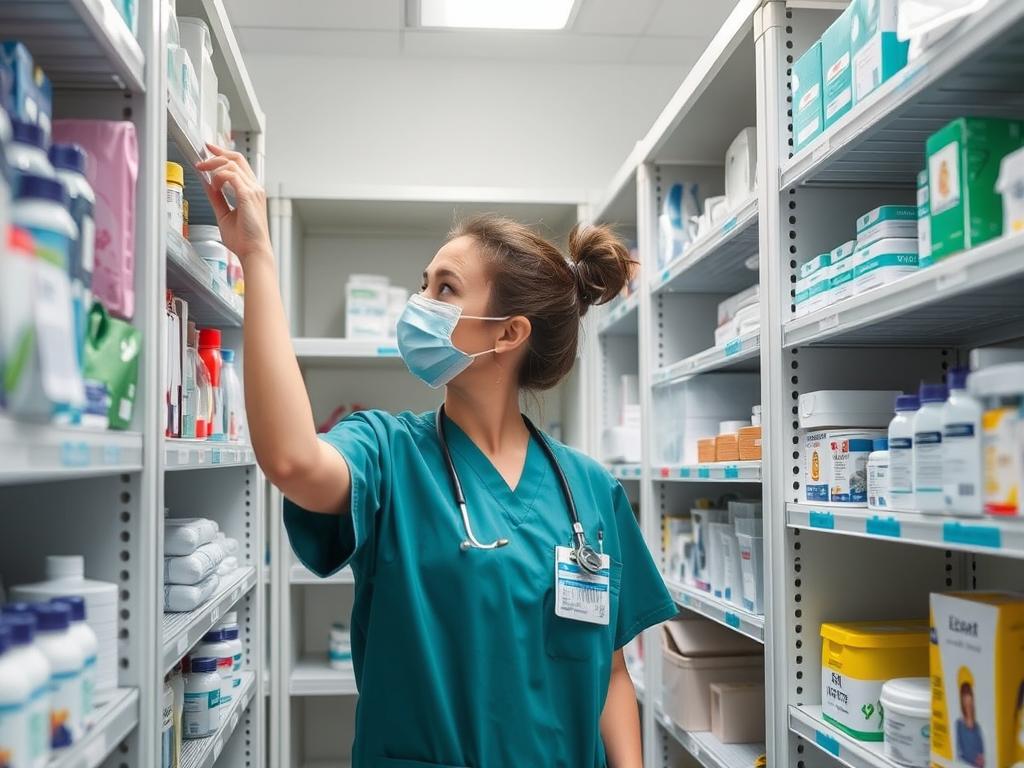 Healthcare professional selecting medical supplies from an organized storage system in a hospital setting