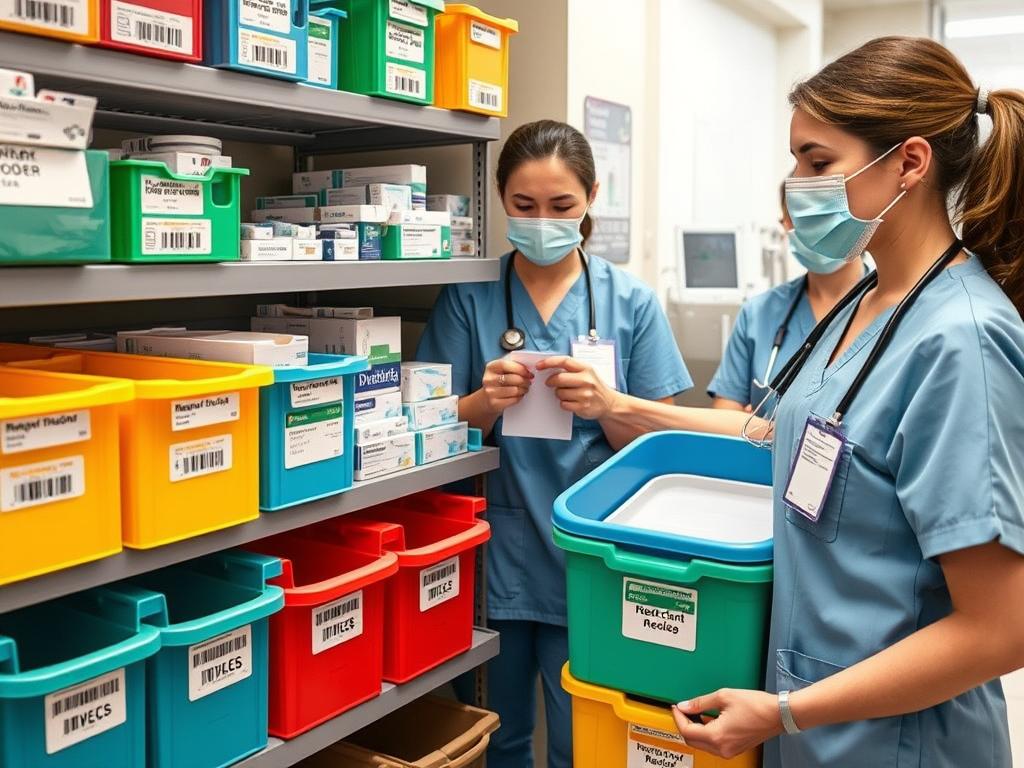 Healthcare team implementing Kanban system for medical supply management