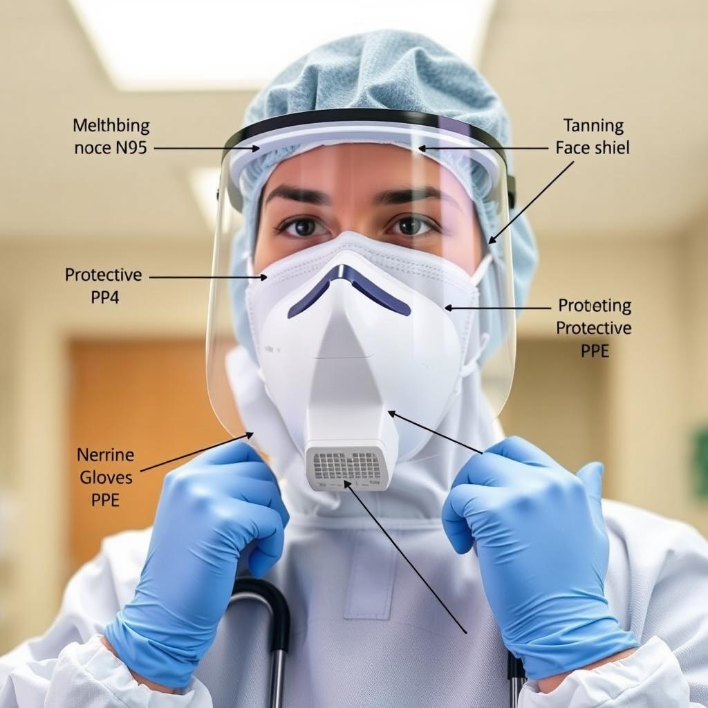 Healthcare worker wearing complete PPE including face mask, shield, gown, and gloves