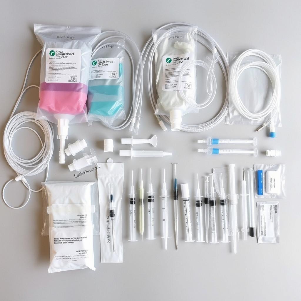 Infusion therapy supplies including IV bags, tubing, and injection equipment