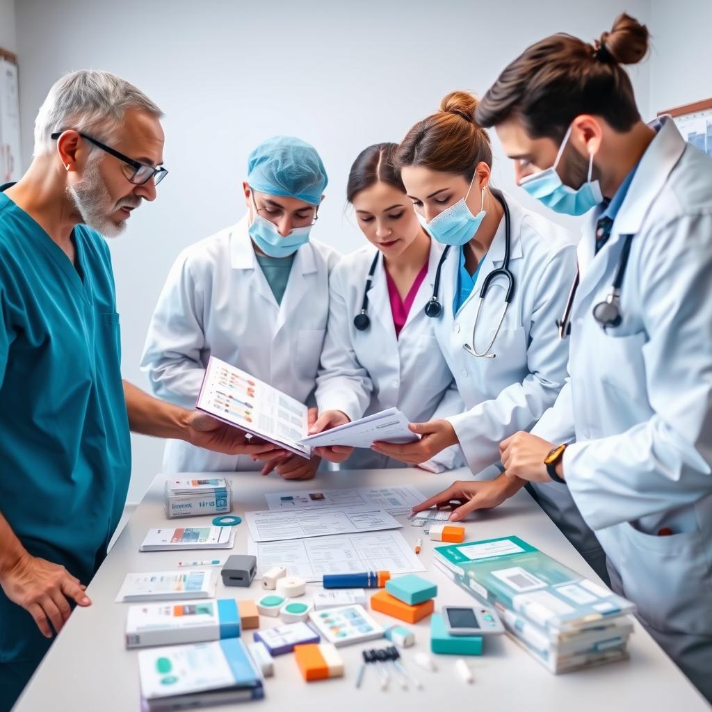 Medical team reviewing standardized supply catalog for clinical procedures