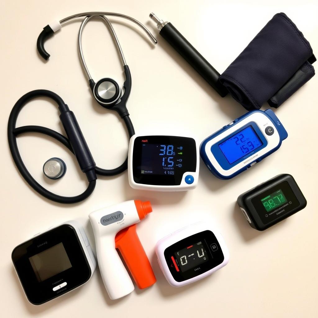 Modern diagnostic equipment including stethoscope, blood pressure monitor, and thermometer