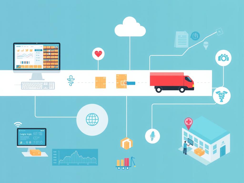 Modern medical supply chain visualization showing digital procurement systems and logistics