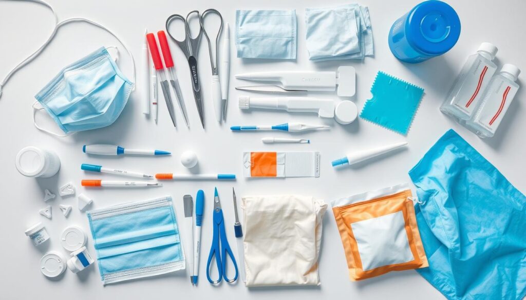 Various essential medical supplies arranged on a clean medical table including PPE, diagnostic tools, and wound care products