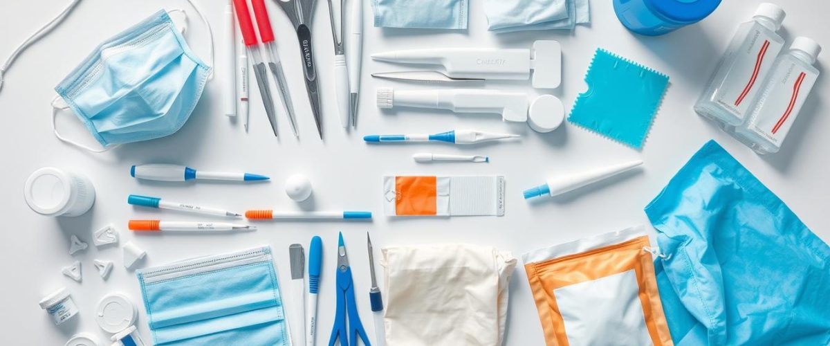Various essential medical supplies arranged on a clean medical table including PPE, diagnostic tools, and wound care products